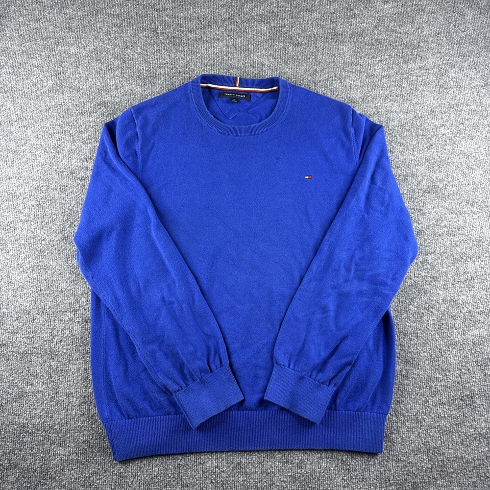 Tommy Hilfiger Sweater Mens L Blue Long Sleeve Knit Pullover Logo Casual Preppy